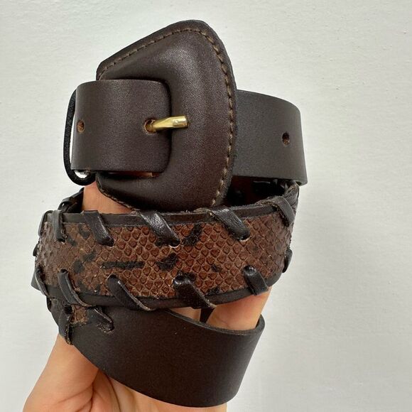 Vintage 90's The Limited Brown Leather Belt Reptile Embossed Accent Size L - Picture 2 of 9